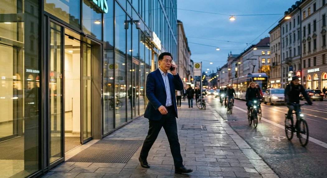 A Chinese executive walking out of a Munich office tower at dusk