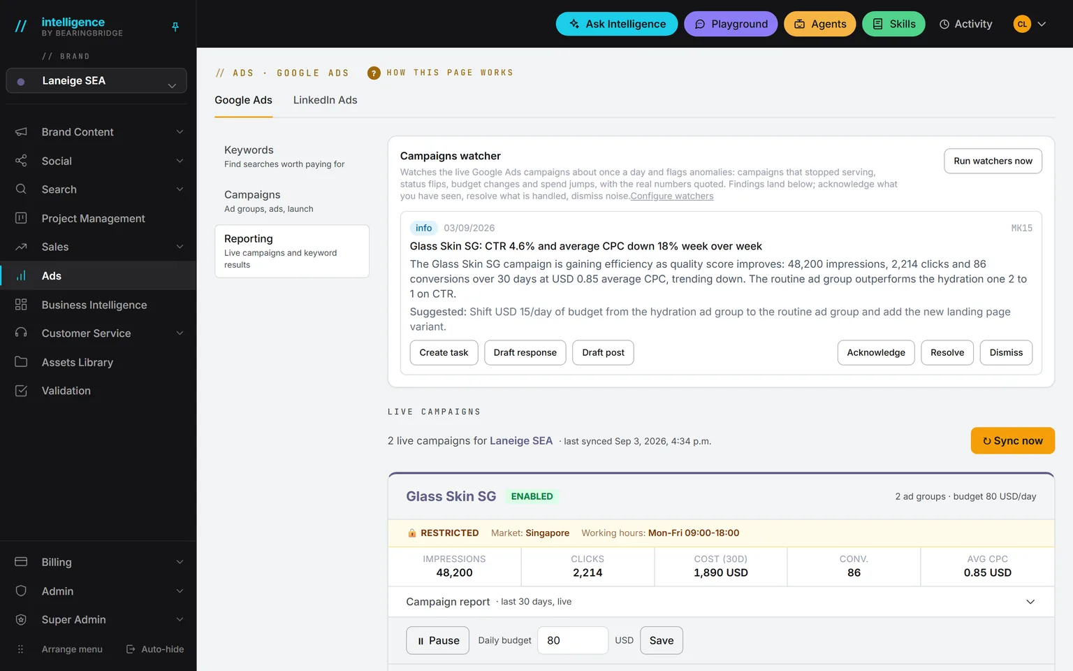 The Google Ads report in the demo workspace: the campaigns watcher finding at the top, then the live Glass Skin SG campaign with impressions, clicks, cost, conversions, and average cost per click, and its pause and budget controls