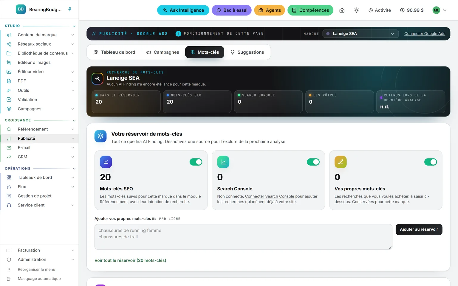 Mots-clés Google Ads pour Laneige SEA : le réservoir de mots-clés et ses trois sources (les mots-clés SEO suivis pour la marque, Search Console et vos propres mots-clés), chacune avec son interrupteur, au-dessus du champ où saisir les vôtres