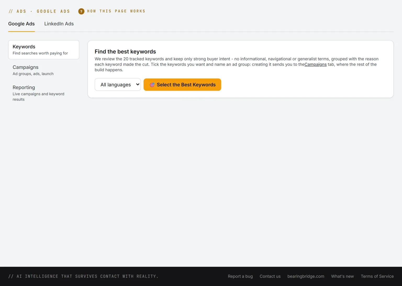 Step one of the builder: keywords proposed with volume and cost per click, ready to tick