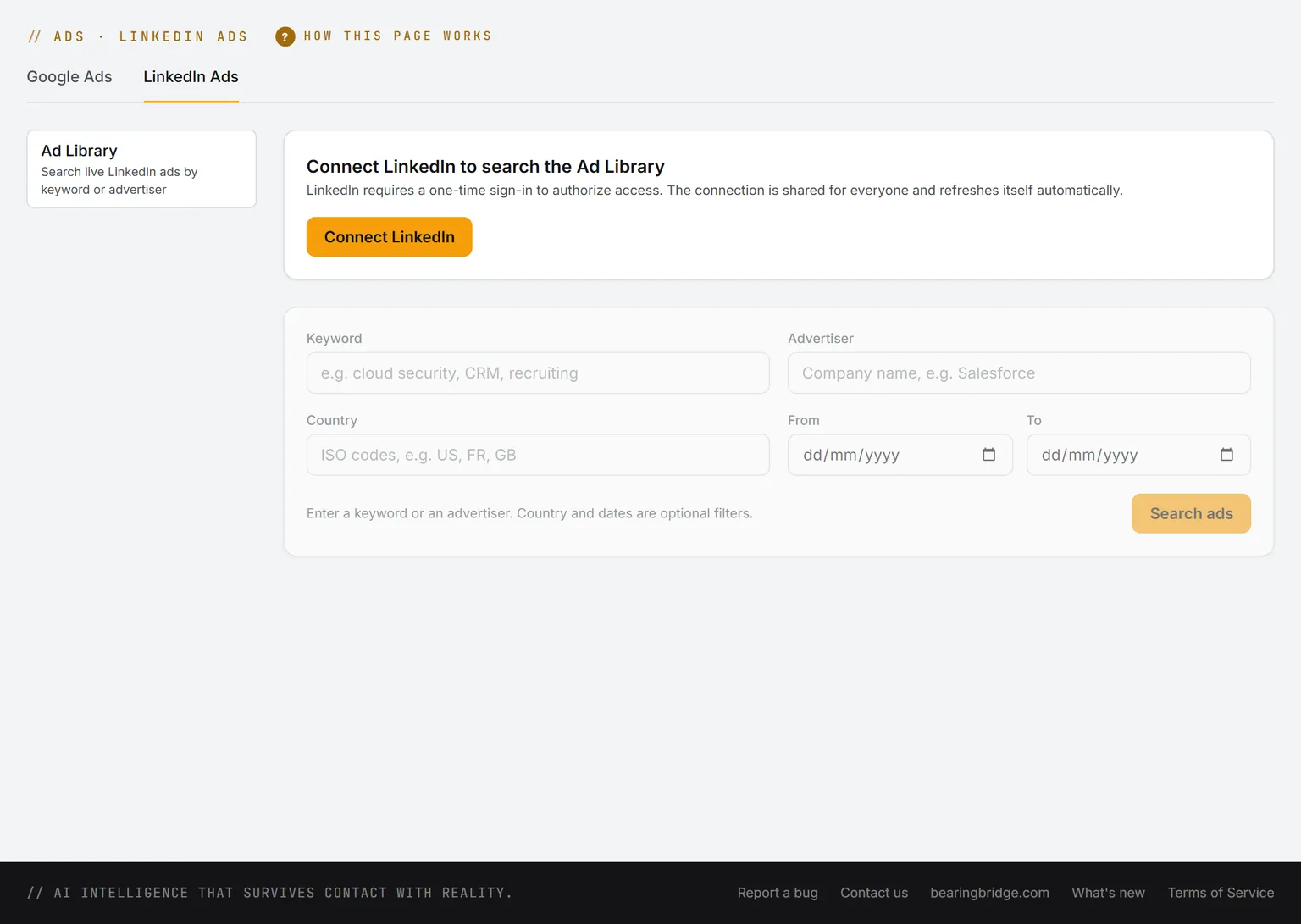 The LinkedIn Ad Library search with keyword, advertiser, country, and date range filters