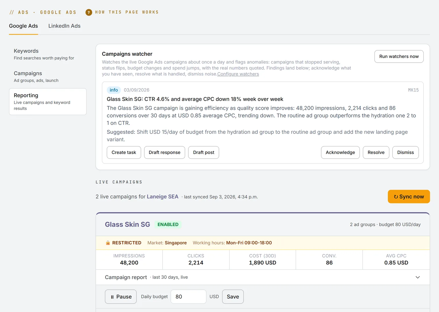 The live campaign card: Glass Skin SG, enabled, market Singapore, working hours, impressions, clicks, cost, conversions, average cost per click, with pause and daily budget controls