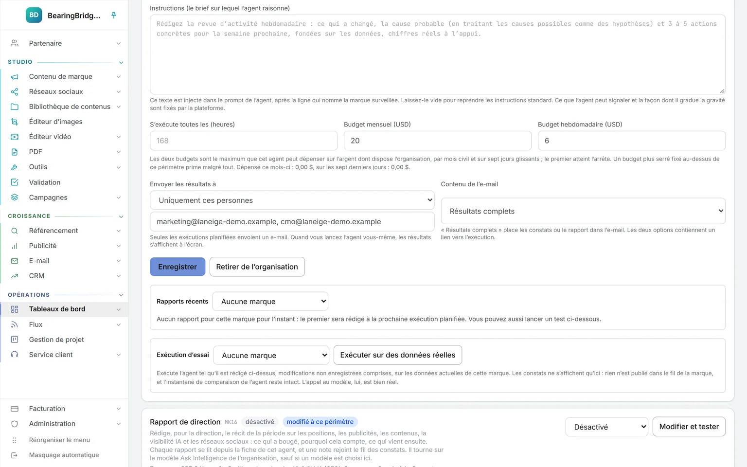 Les budgets mensuel et hebdomadaire d’un agent face à ses dépenses, les destinataires de chaque exécution planifiée, le résultat complet envoyé par e-mail et l’exécution d’essai