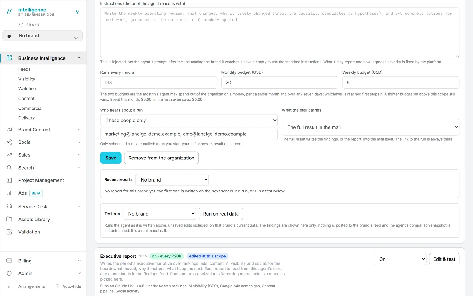 An agent’s monthly and weekly budgets with what it has spent, the people who receive each scheduled run, the full result in the mail, and the test run