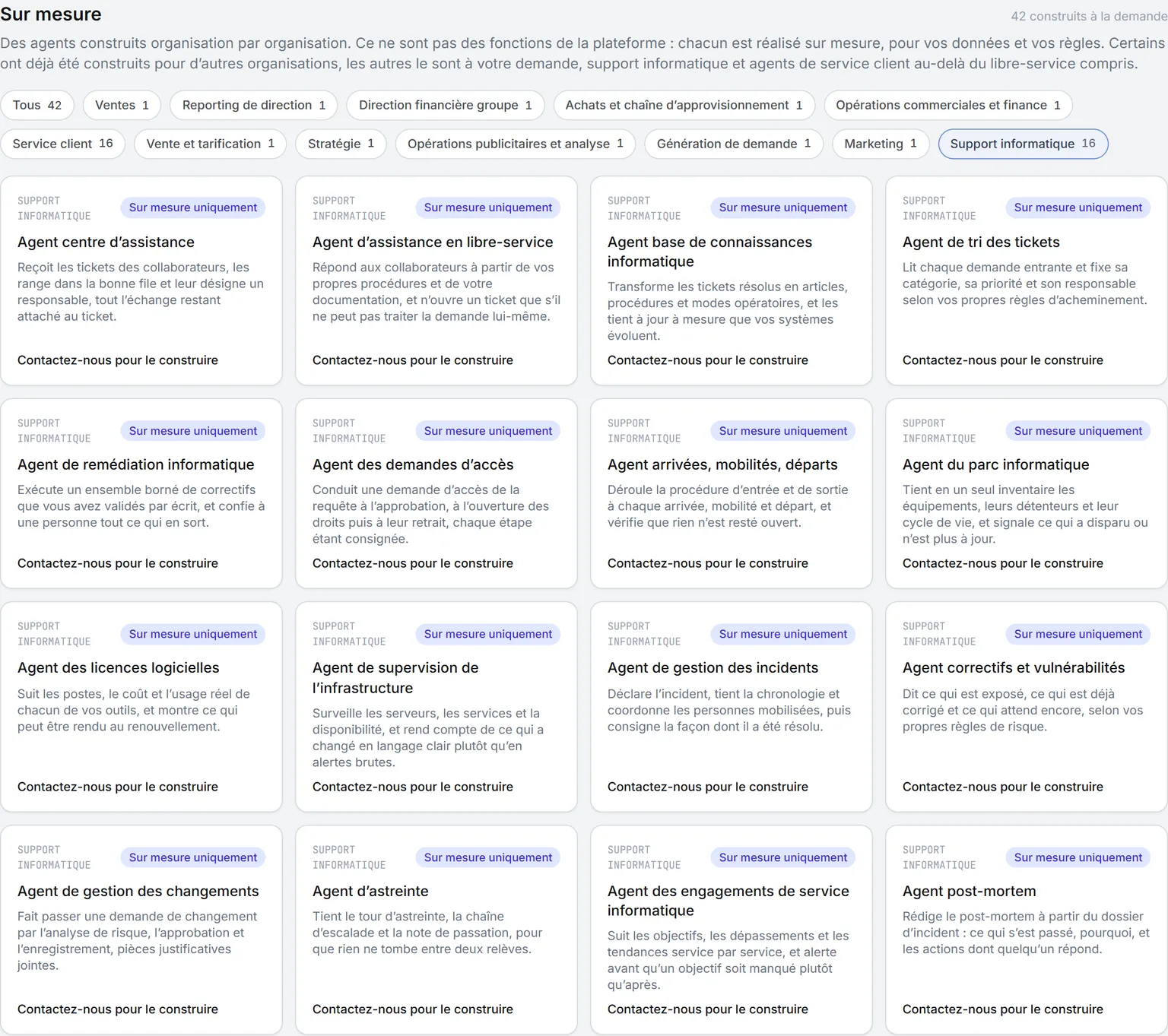 La section Sur mesure du catalogue des agents, dans le produit, filtrée sur le support informatique : seize agents développés à la demande, chacun assorti d’un lien pour le demander