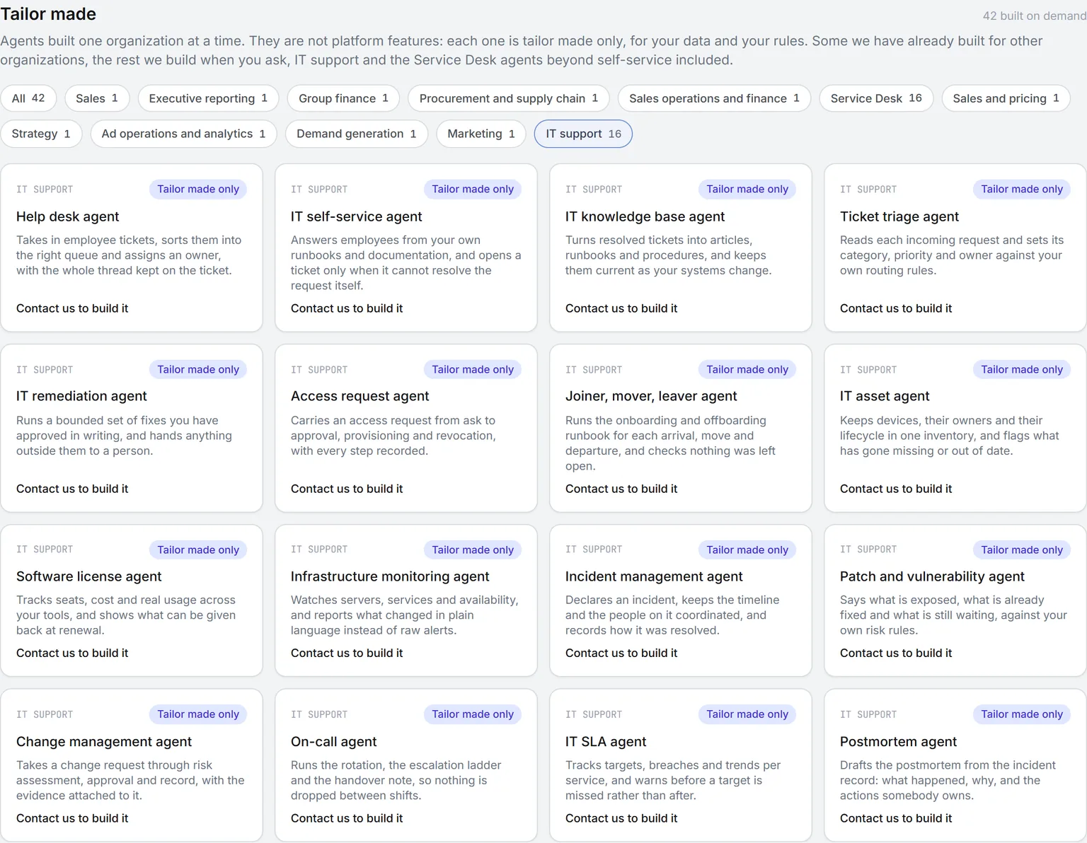 The tailor-made section of the in-product agent catalog, filtered on IT support: sixteen agents built on request, each with a link to ask for it