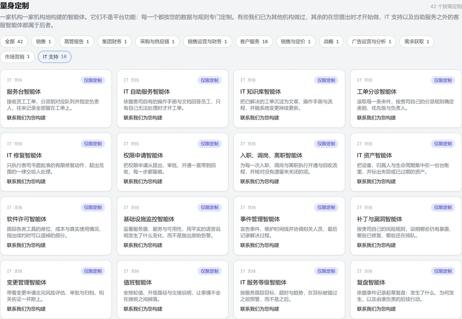 产品内智能体目录的“量身定制”分区,按 IT 支持筛选:16 个按需构建的智能体,每个都附申请链接
