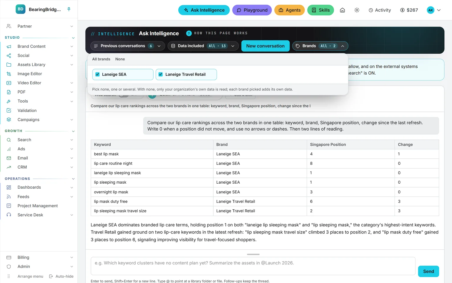 The Brands picker open above an Ask answer, both demo brands ticked, comparing lip care keyword rankings between Laneige SEA and Laneige Travel Retail in one table