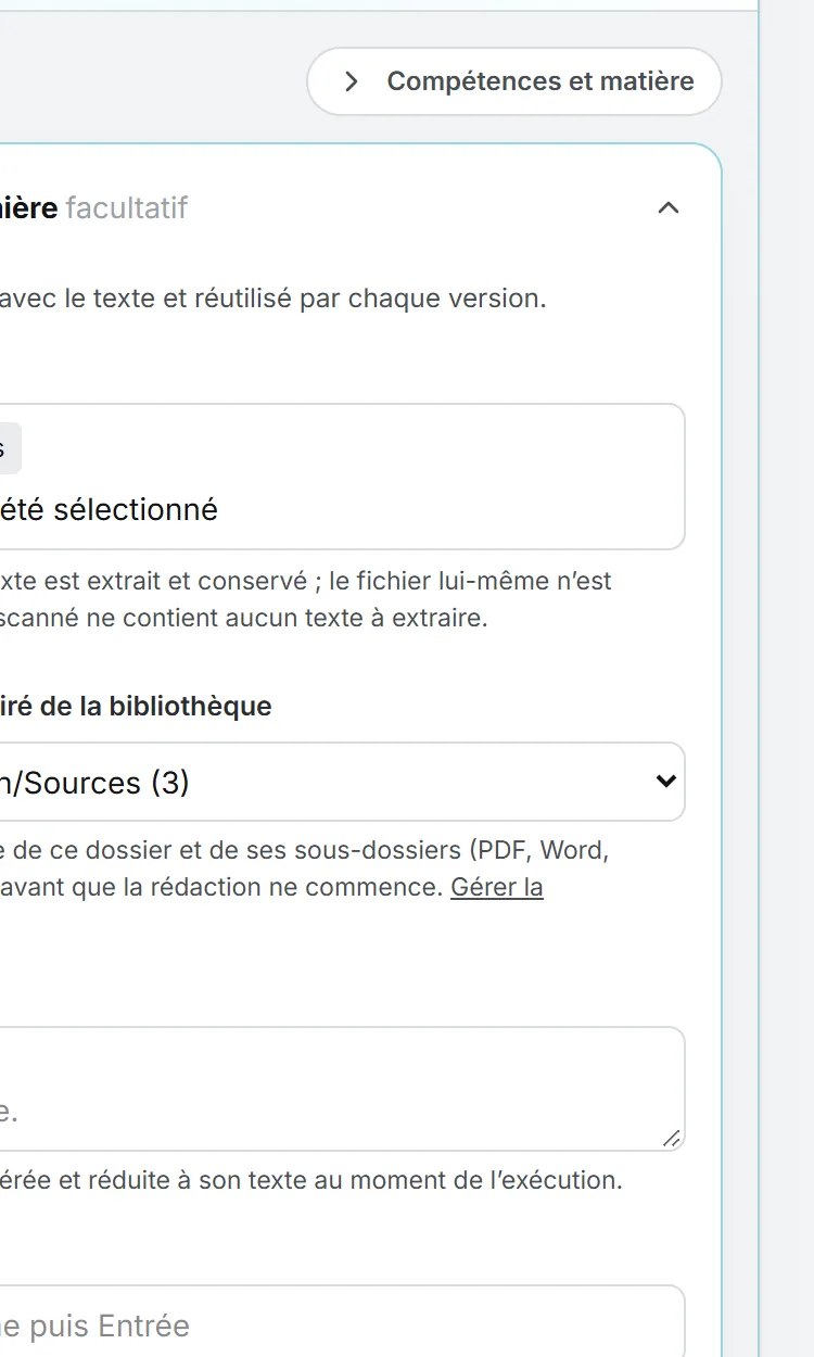 Le brief d’un article de blog, avec le dossier Sources du lancement Glass Skin retenu comme matière et la mention que chaque document qu’il contient est lu avant la rédaction