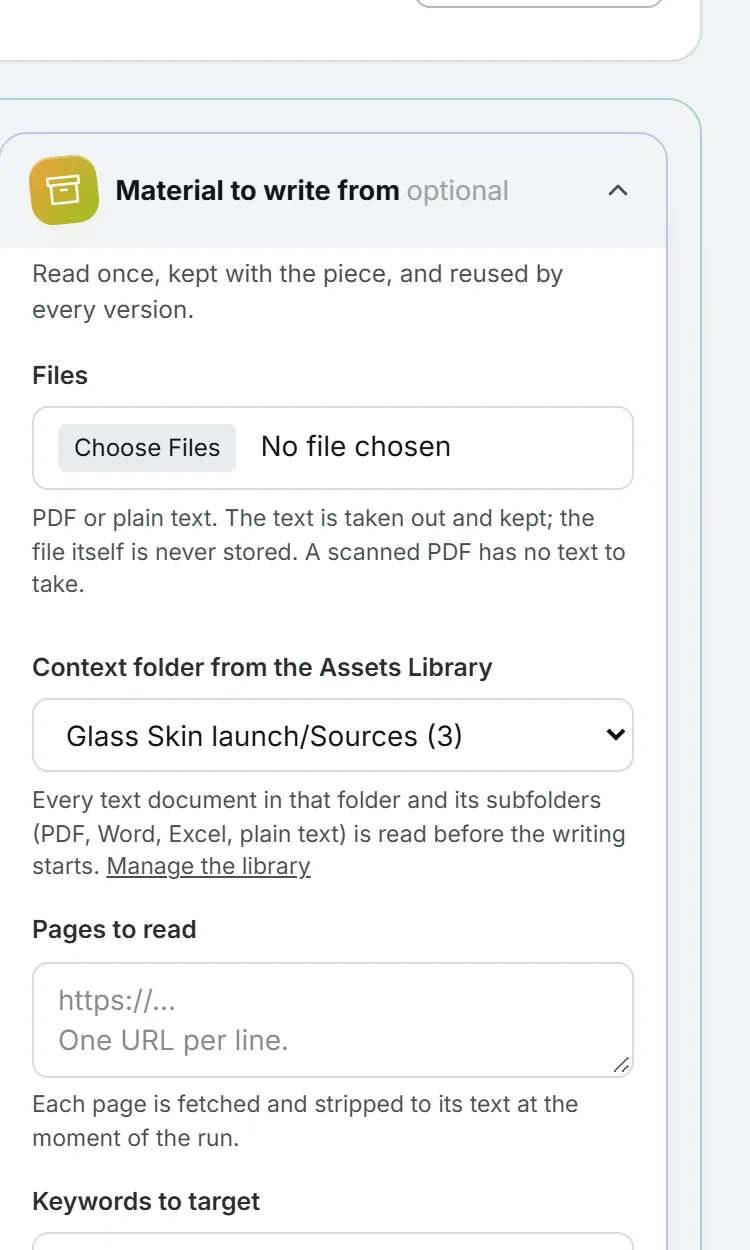 A blog post brief with the Glass Skin launch Sources folder chosen as material, and the hint that every document in it is read before the writing starts