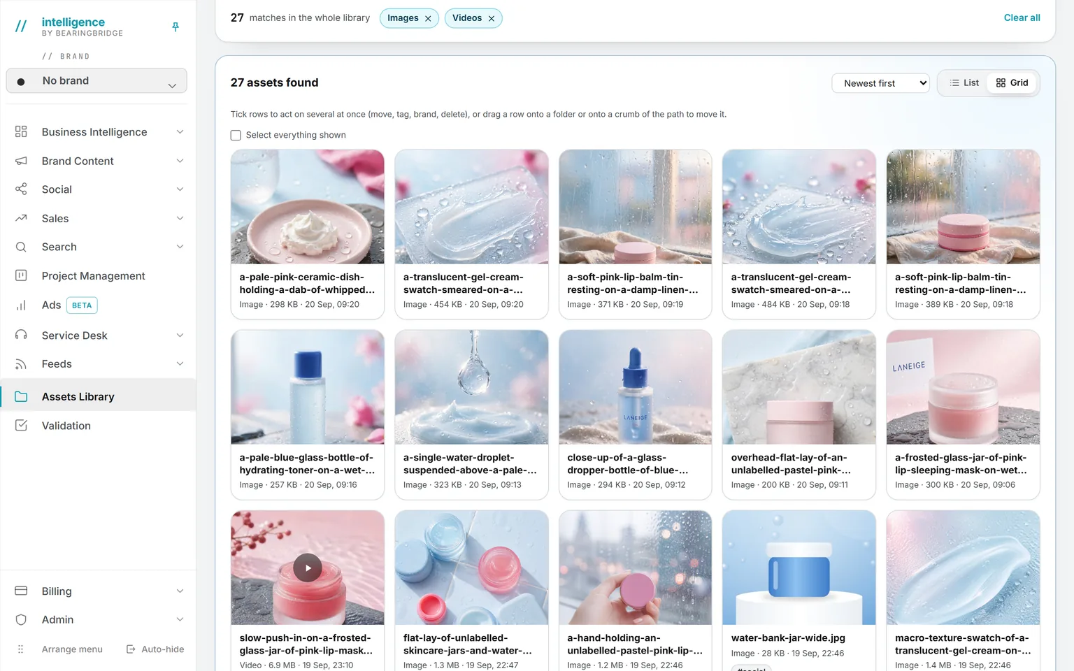 The library as a grid of generated product pictures and one clip of Laneige SEA, each card showing its name and date
