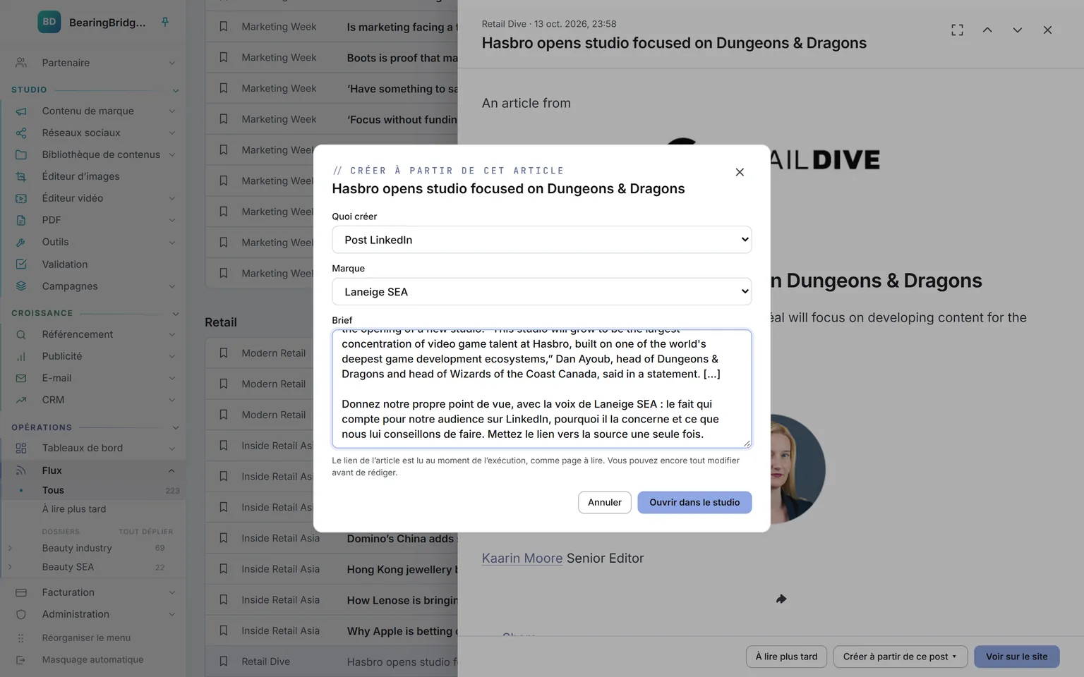 Un article de Retail Dive ouvert depuis Flux, que « Créer à partir de cet article » transforme en post LinkedIn pour Laneige SEA, le brief déjà tiré de l’article.