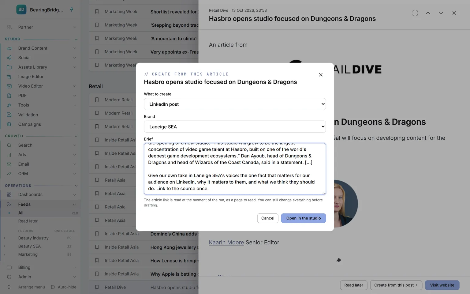 An article from Retail Dive opened from Feeds, with Create from this article turning it into a LinkedIn post for Laneige SEA, the brief already written from the article.