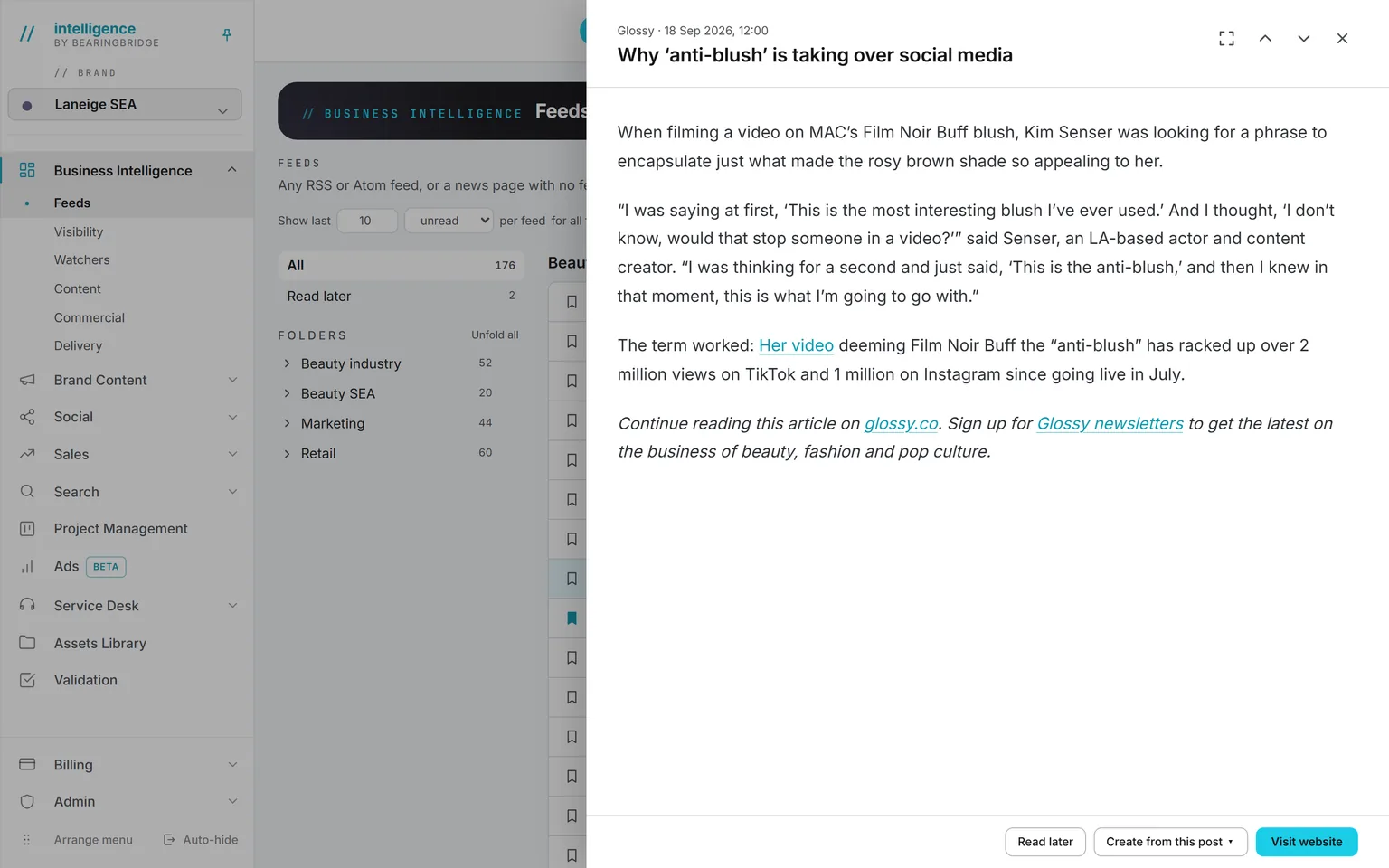 The reading pane open over the feed list: a Marketing Week opinion piece read in full inside the app, with Read later, Create article, and Visit website buttons