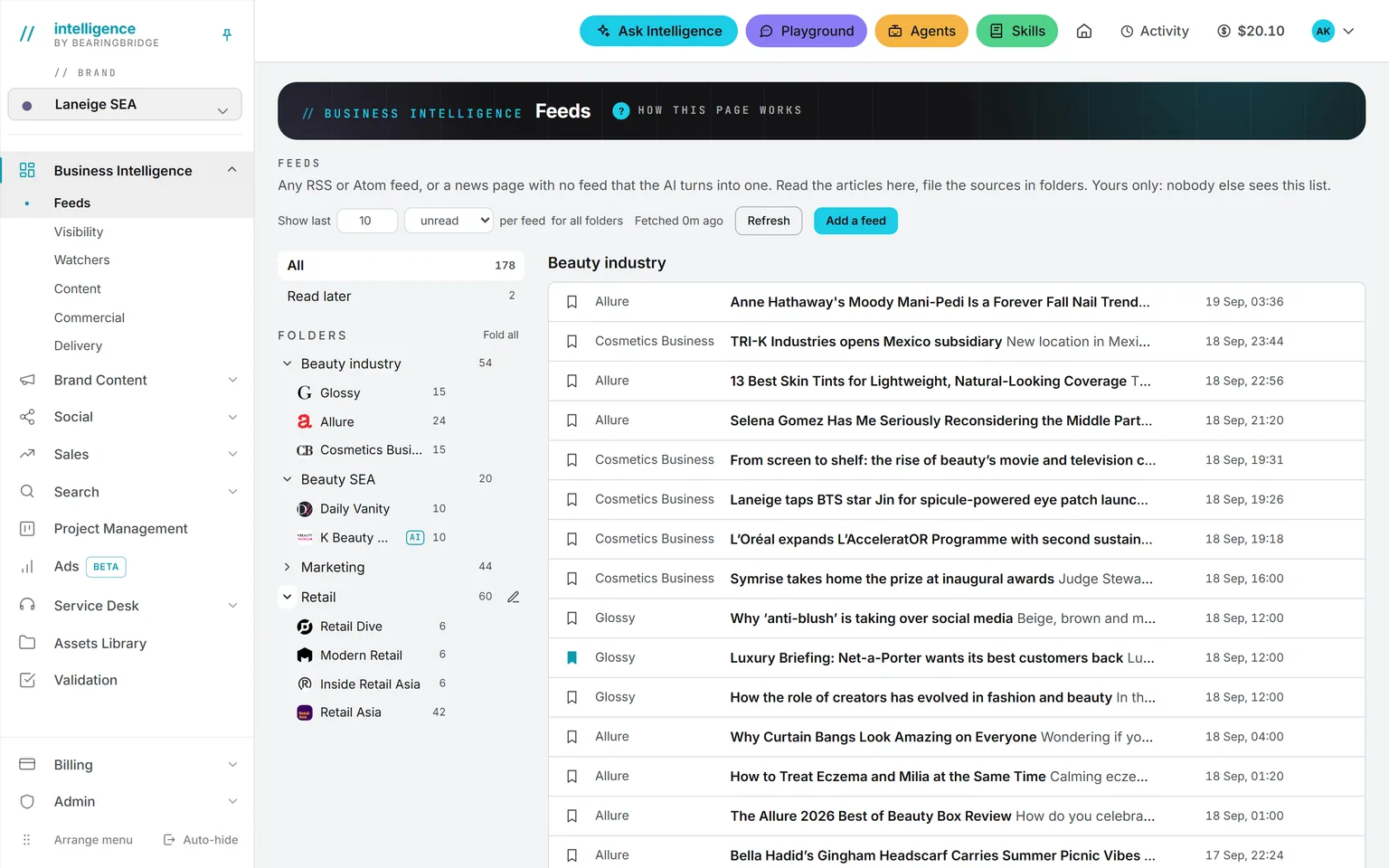 The Feeds page: folders of sources on the left, the unread items of each folder on the right, with Refresh and Add a feed buttons