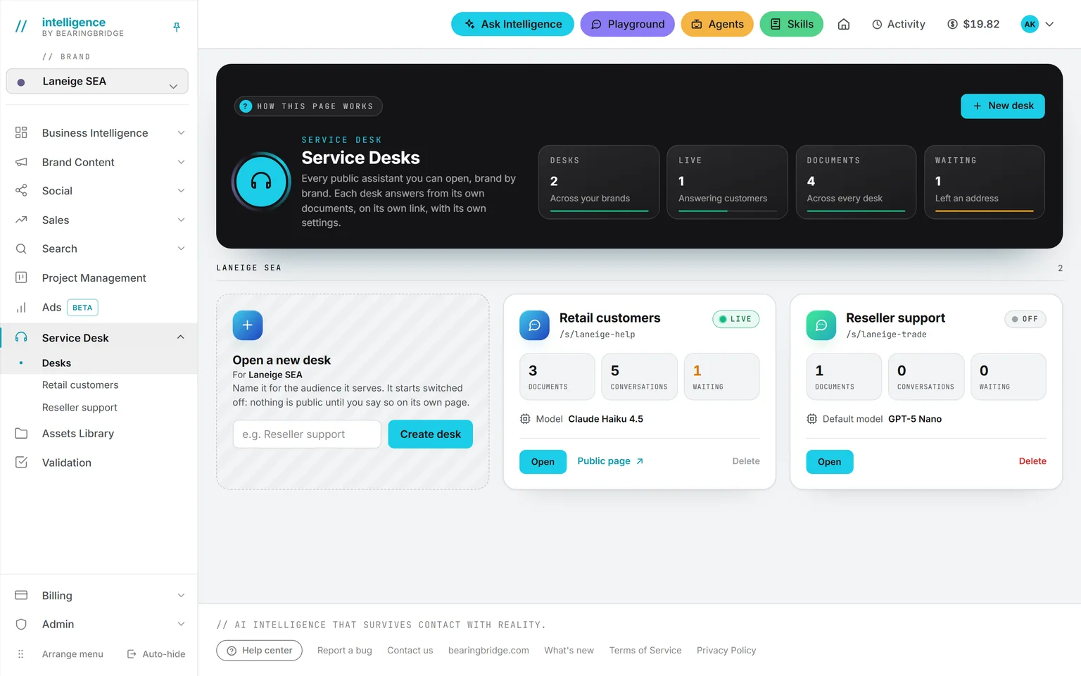The Service Desks page of the demo brand: two desks, Retail customers live and Reseller support switched off, each with its documents, conversations, customers waiting and model