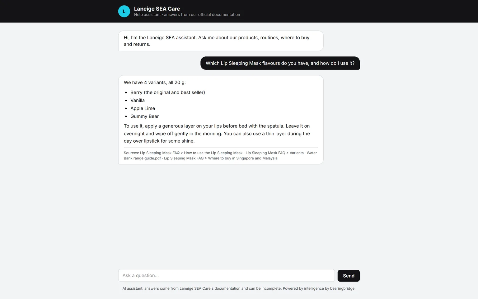 The public page of the demo desk Laneige SEA Care: the brand name in the header, a welcome message, a question about the Lip Sleeping Mask, and a short bulleted answer with its sources listed underneath