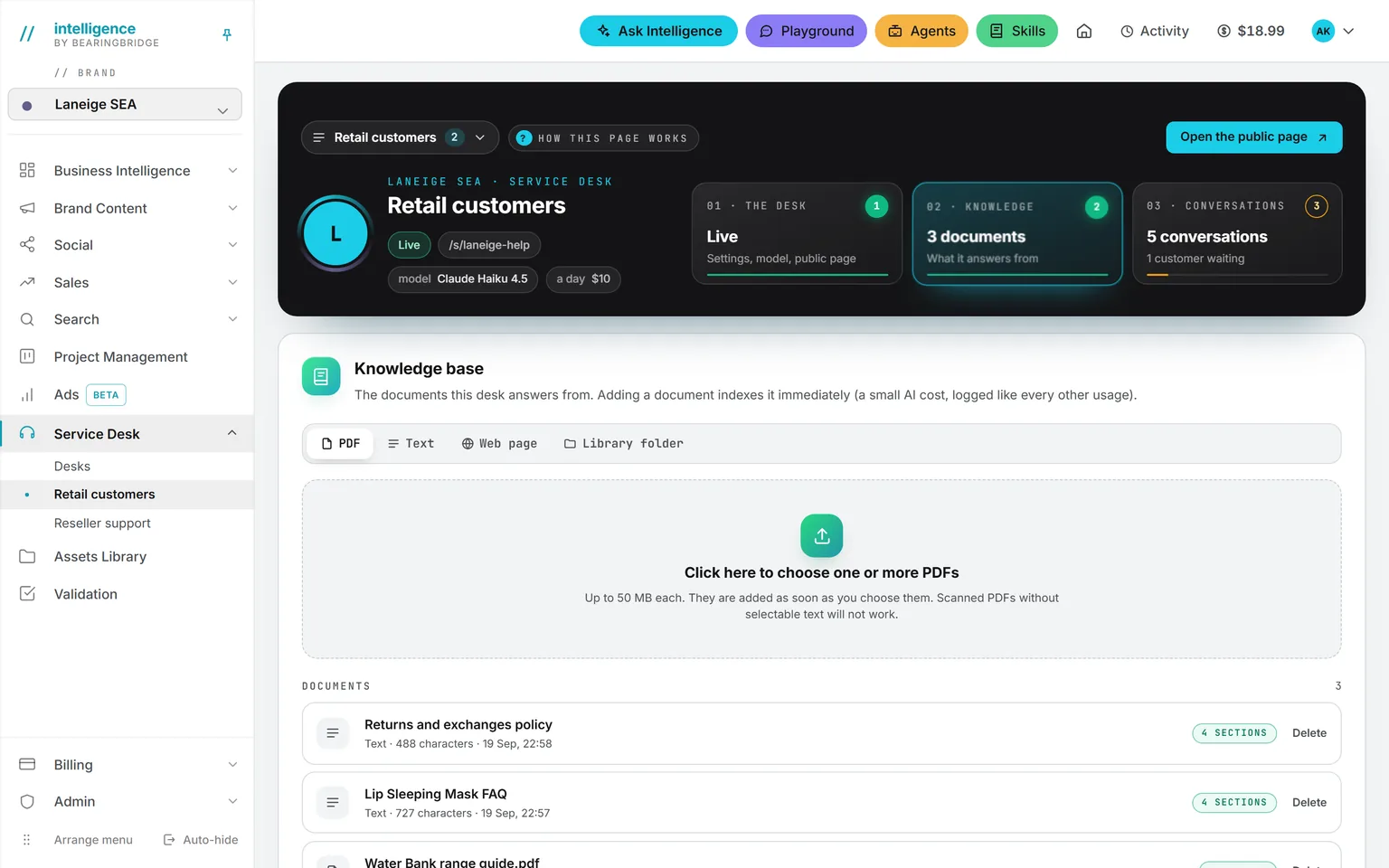 The Knowledge tab: a control for PDF, text, web page or library folder, and a list of documents with their length and section count