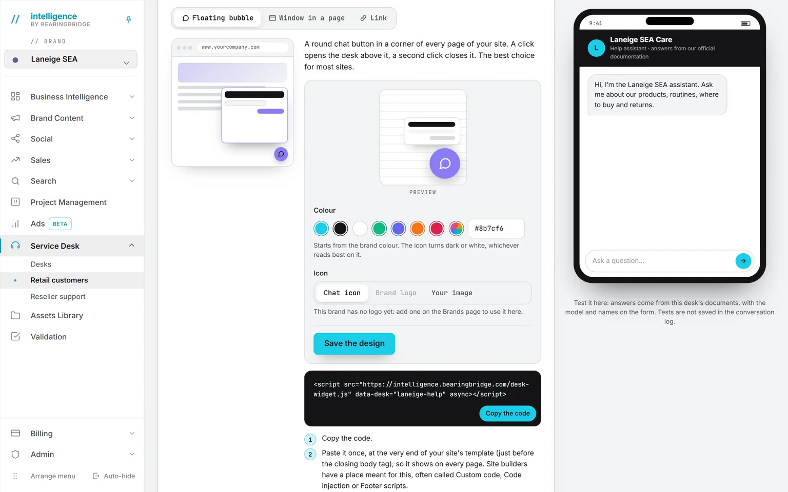Add it to your website: a mock browser showing the floating chat button on a site, colour and icon choices with a live preview, and the one line of script to copy