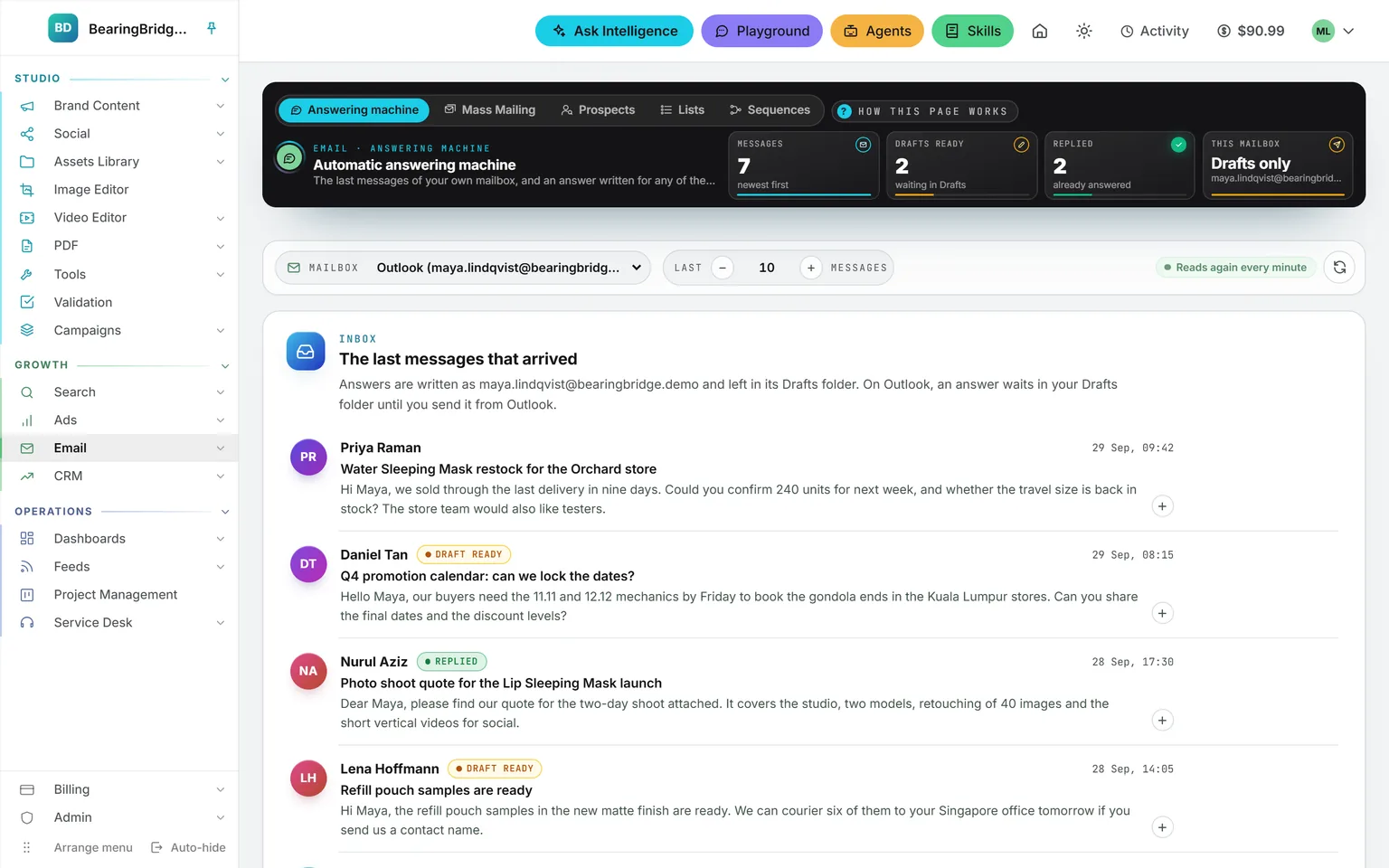 The Automatic answering machine of an Outlook mailbox: the band counting seven messages, two drafts ready and two replied, then the inbox with each message’s state