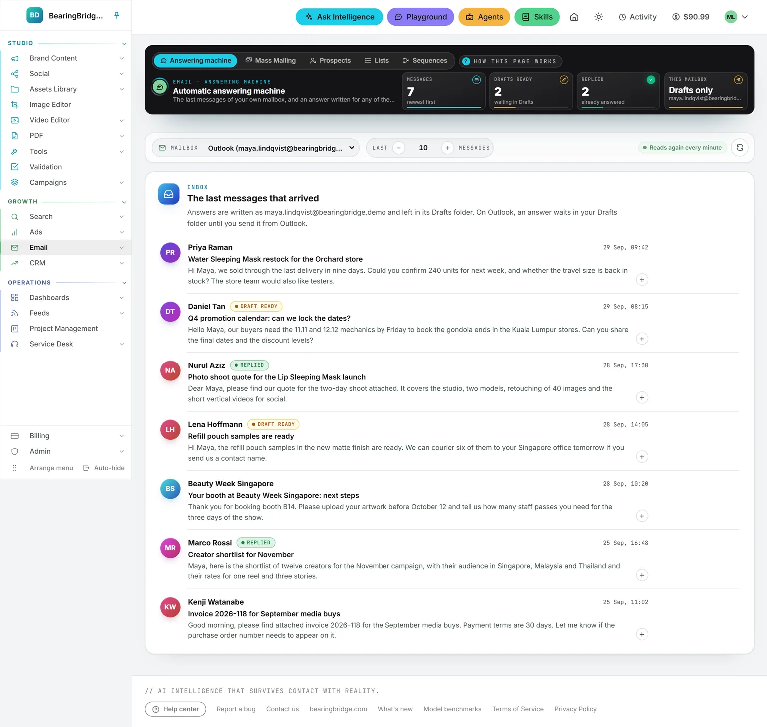 The whole Automatic answering machine page, from the band to the last message of the inbox