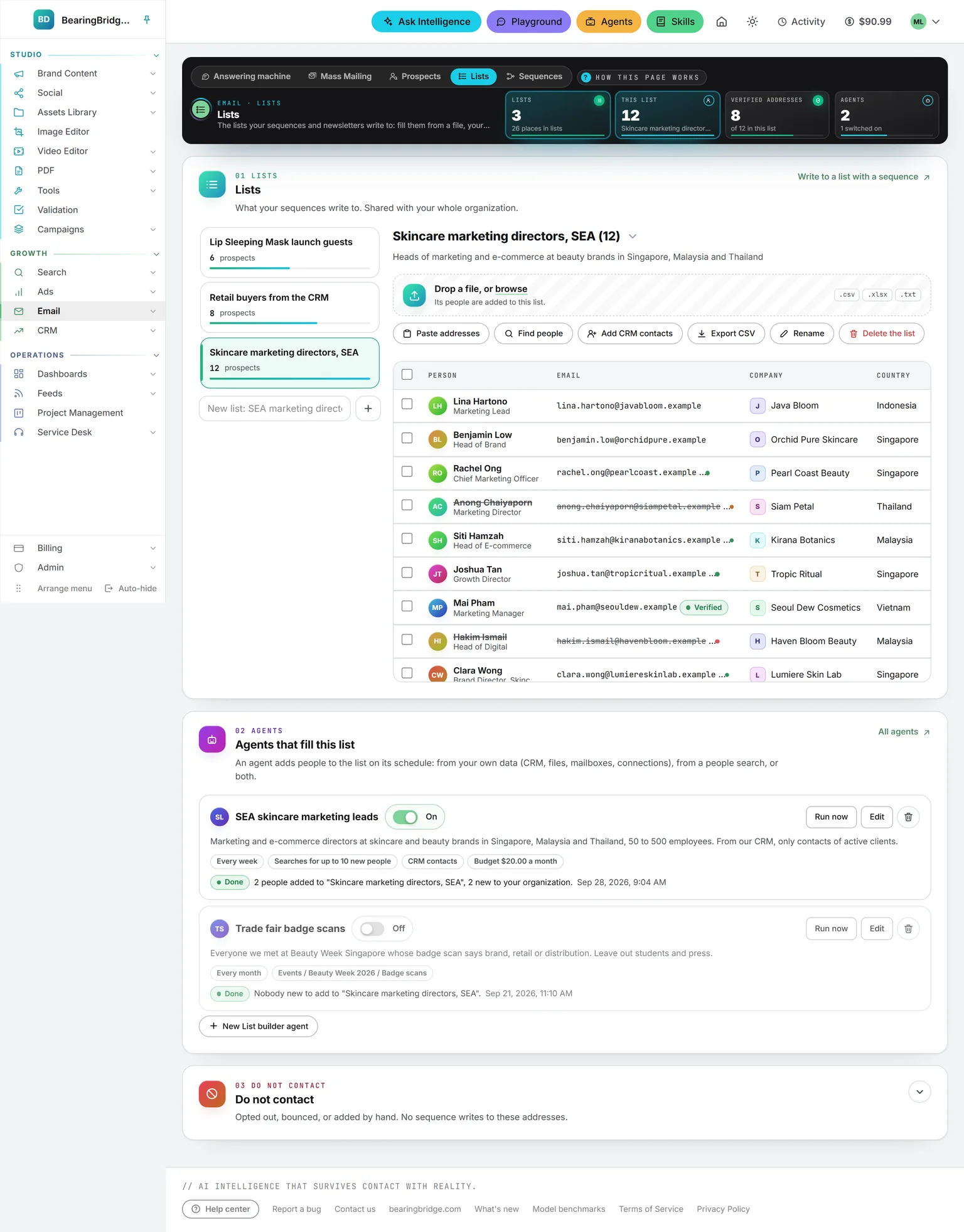 The whole Lists page: the shelf of lists, the open list with its ways to fill it and its people, the agents that fill it, and Do not contact