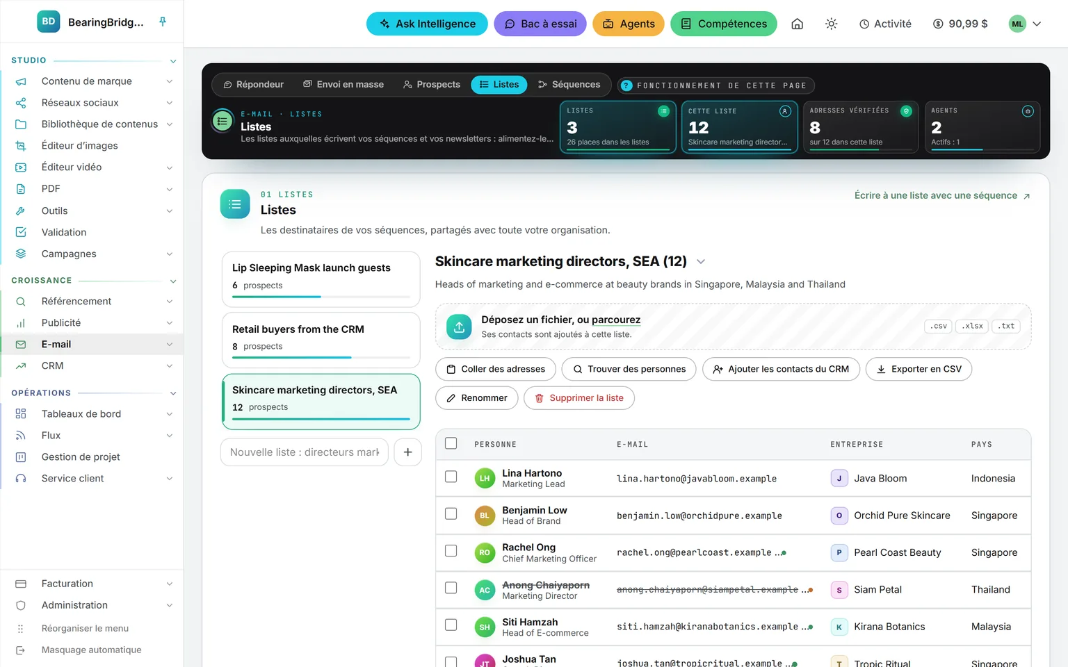 La page Listes : une étagère de trois listes, la liste ouverte des directeurs marketing de marques de soins de la peau avec sa zone de dépôt de fichier, ses boutons pour coller des adresses, trouver des personnes, ajouter des contacts du CRM ou exporter, et ses membres avec leur entreprise et leur pays