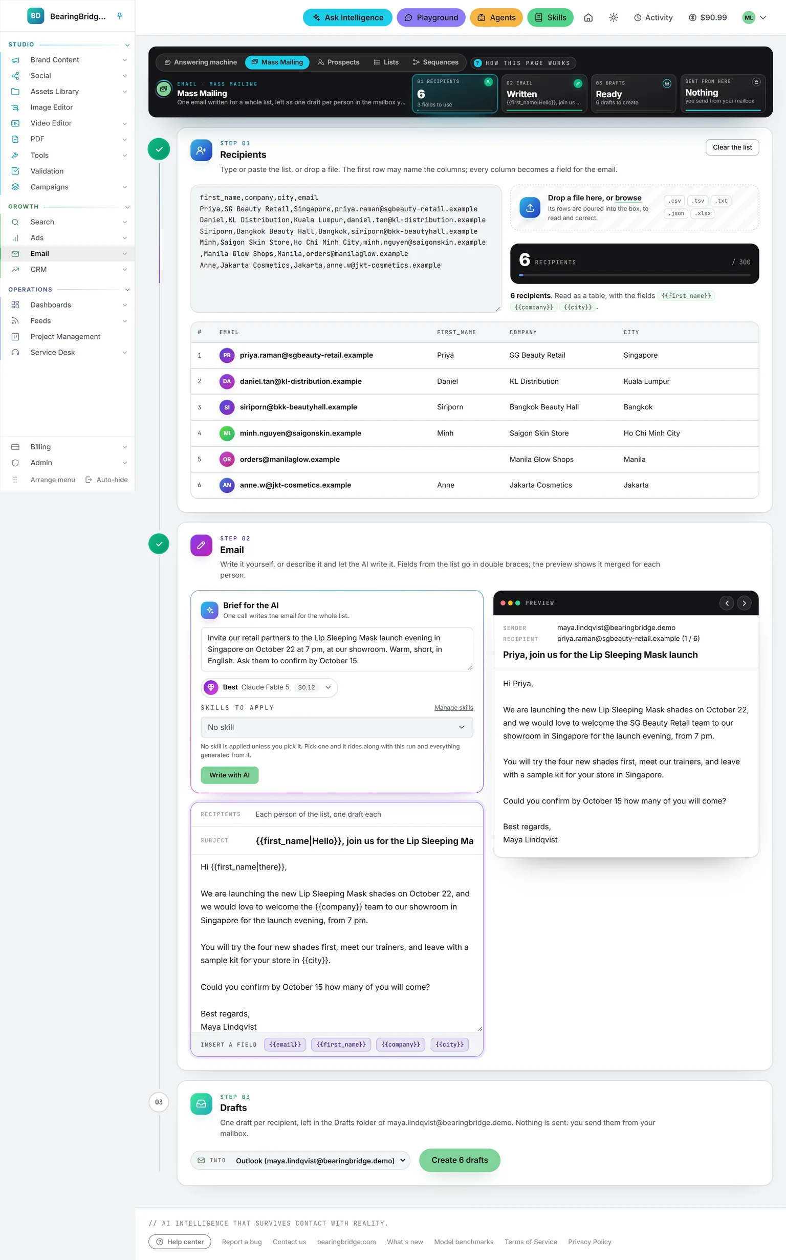 The whole Mass Mailing page: six recipients read from a pasted table, the email with its fields and the AI brief, the preview merged for one person, and the step that creates the drafts