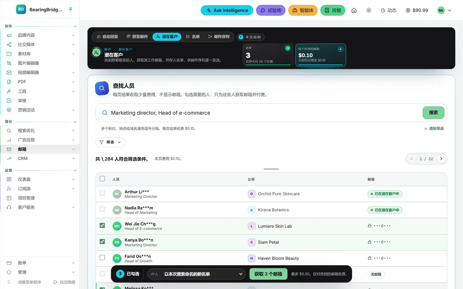 搜索市场总监和电商负责人:1,284 人符合条件,每人显示职位和公司,邮箱被锁住隐藏,已持有的人标为“已在潜在客户中”,底部操作栏勾选了三人待获取