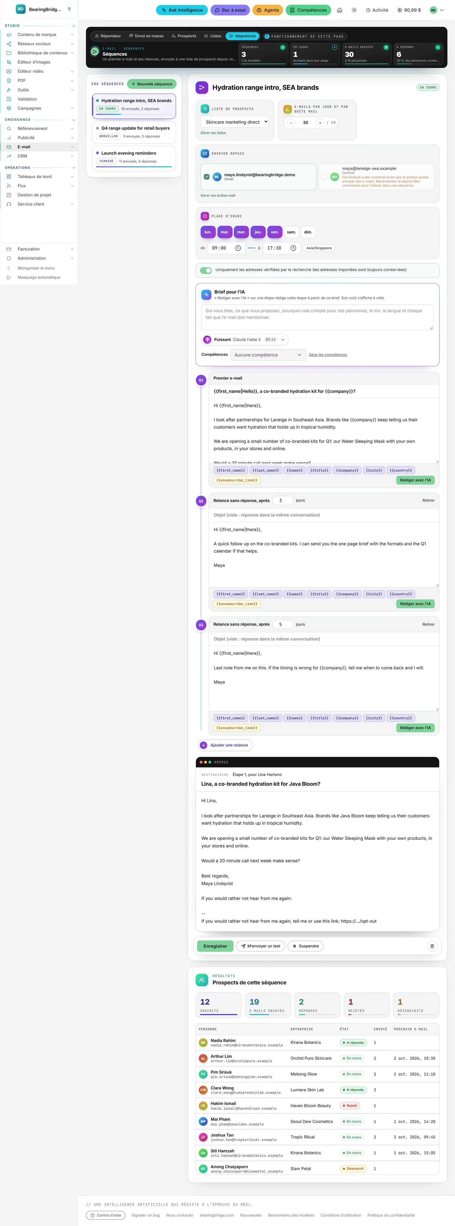 La page Séquences en entier : les séquences et leur état, la liste de la séquence ouverte, ses boîtes, son plafond quotidien et sa plage d’envoi, ses étapes avec un aperçu, et les personnes avec leur état