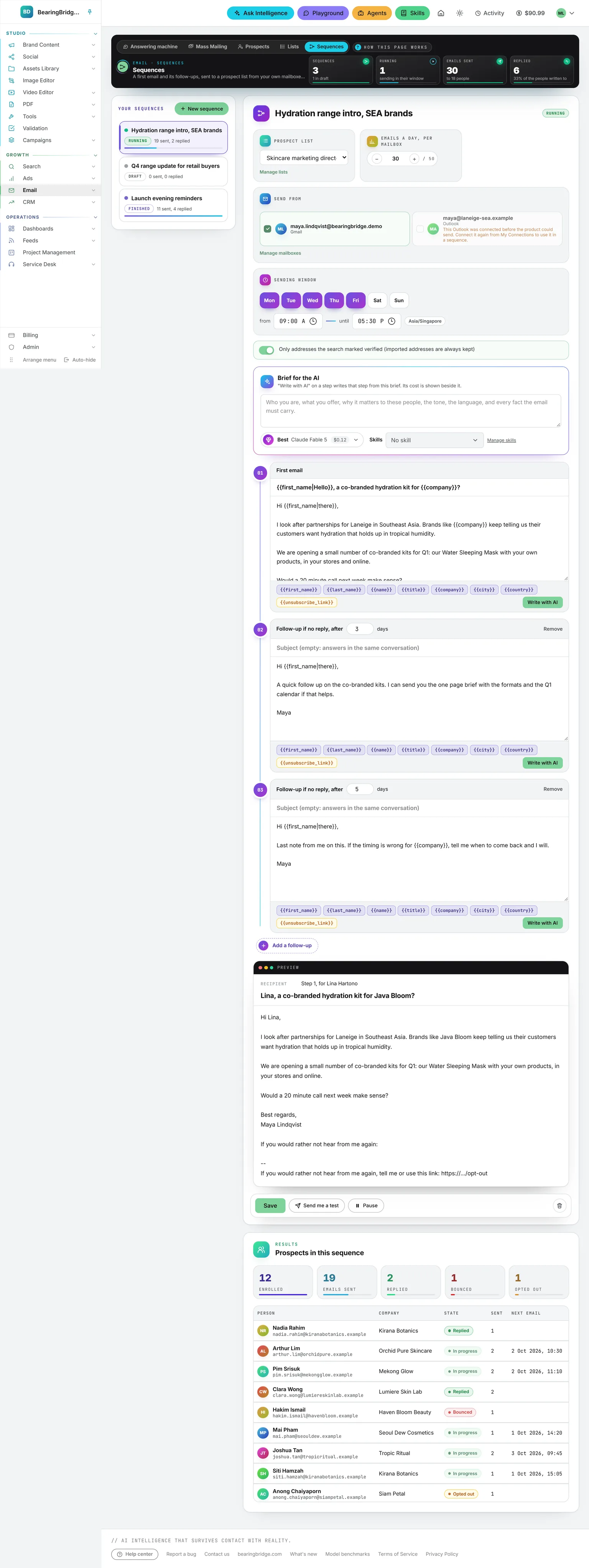 The whole Sequences page: the sequences with their state, the open sequence’s list, mailboxes, daily cap and sending window, its steps with a preview, and the people with their state