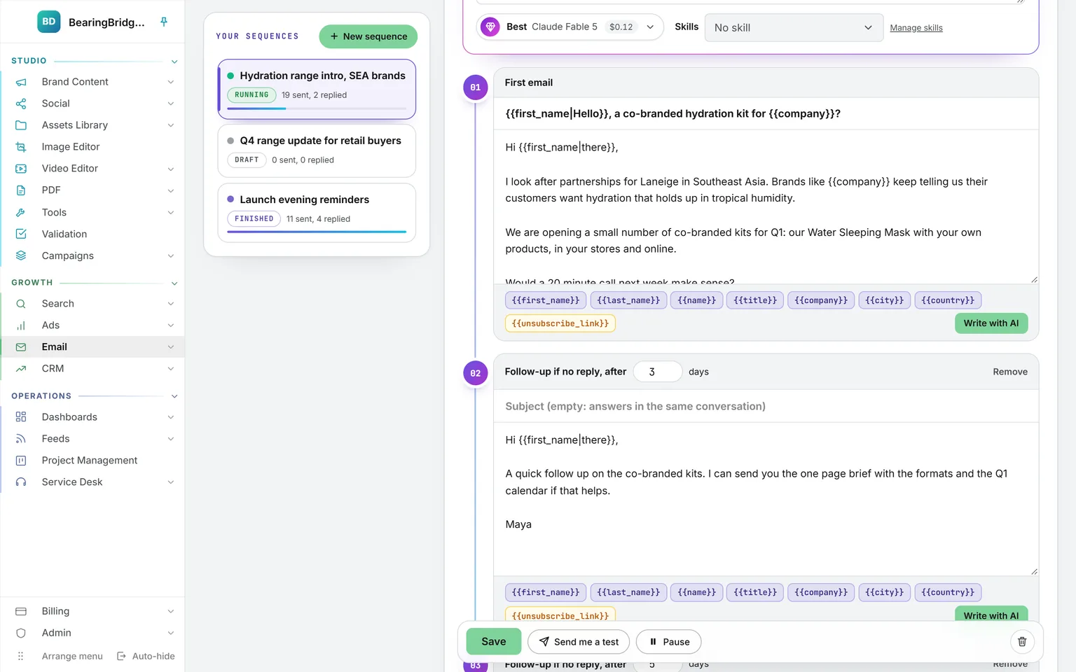 The steps of a running sequence down a timeline: a first email about a co-branded hydration kit with its fields, then a follow-up three days later in the same conversation, each with Write with AI