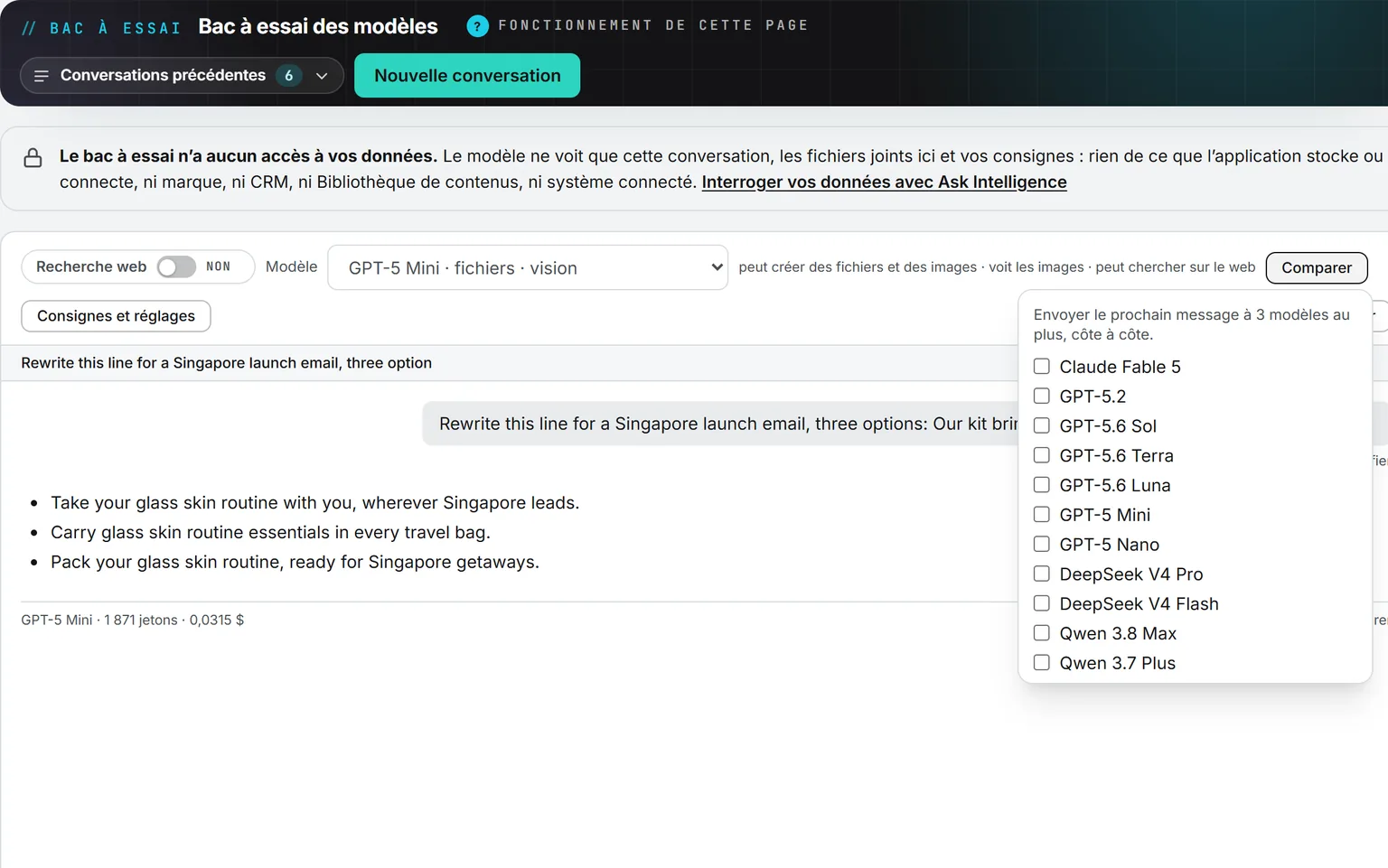 Le Bac à essai des modèles propose trois réécritures, avec sous la réponse le nombre de jetons et le prix ; le menu Comparer est ouvert sur les 11 modèles qu’un administrateur autorise ici, prêt à soumettre le message suivant à trois d’entre eux au plus, côte à côte.