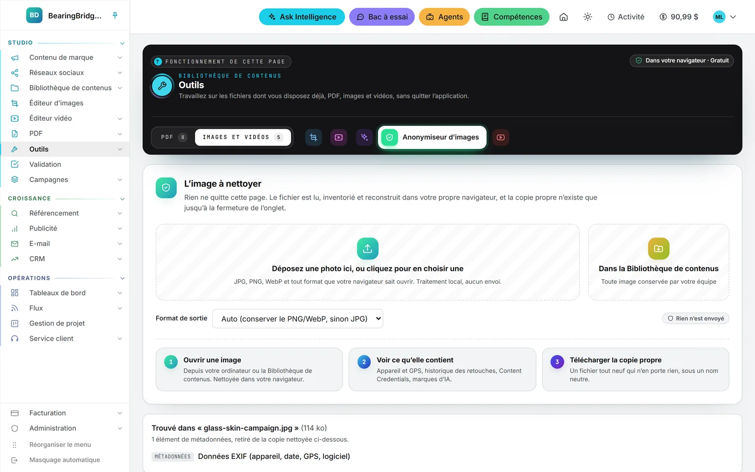 L’Anonymiseur d’images de la Bibliothèque de contenus après le dépôt d’un visuel de campagne : format de sortie, trois étapes et ce qu’il a relevé dans le fichier, des données EXIF (appareil, date, GPS, logiciel), toutes retirées de la copie nettoyée