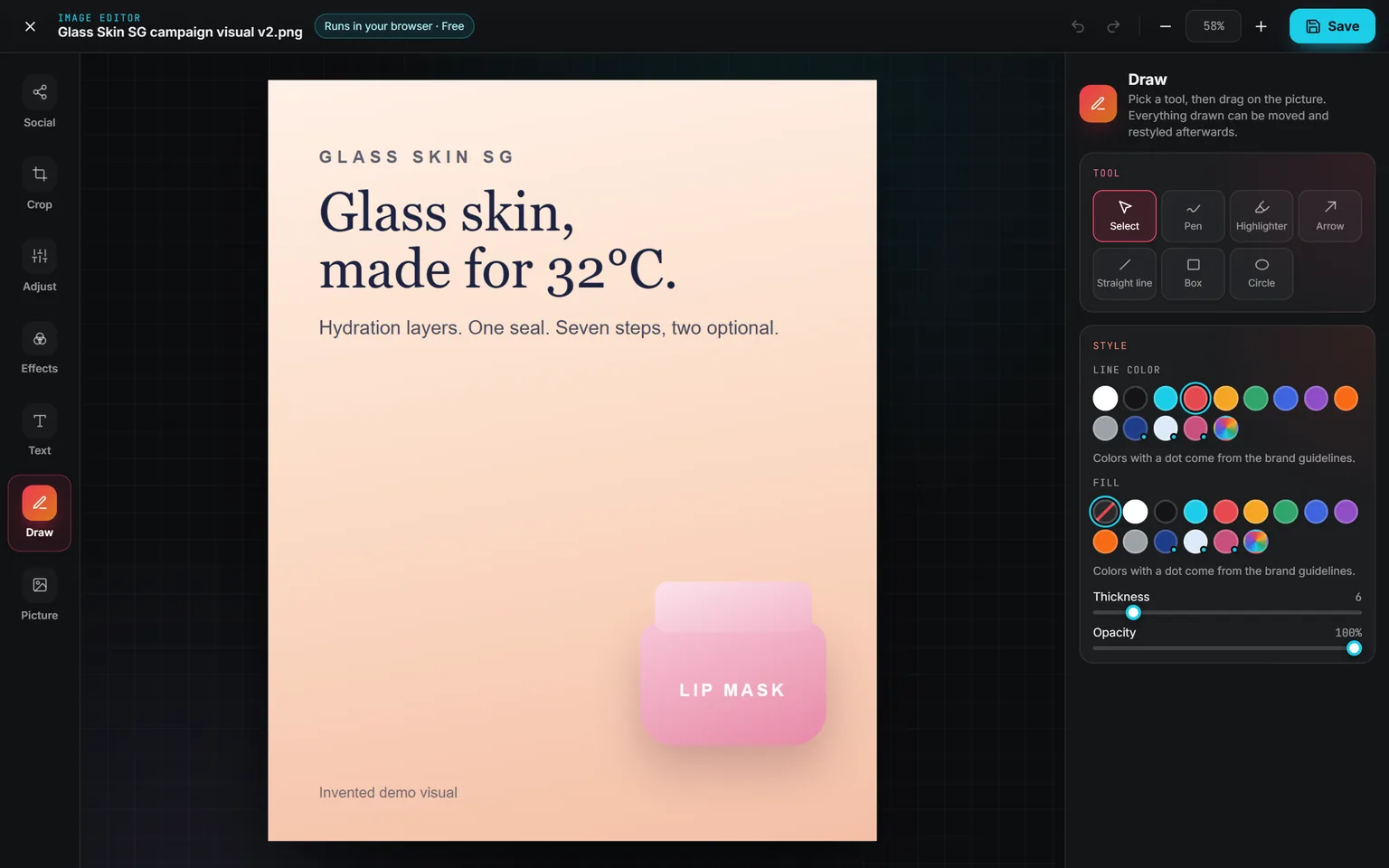 The Draw panel: Select, Pen, Highlighter, Arrow, Straight line, Box and Circle, the line color and fill swatches, thickness and opacity