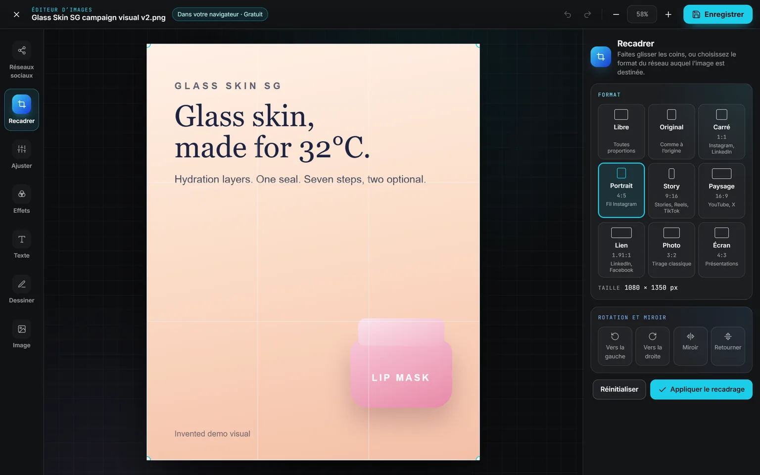 Le panneau Recadrer de l’Éditeur d’images sur un visuel de campagne Glass Skin : format Portrait 4:5 retenu pour le fil Instagram, cadre posé sur l’image, boutons de rotation et de miroir