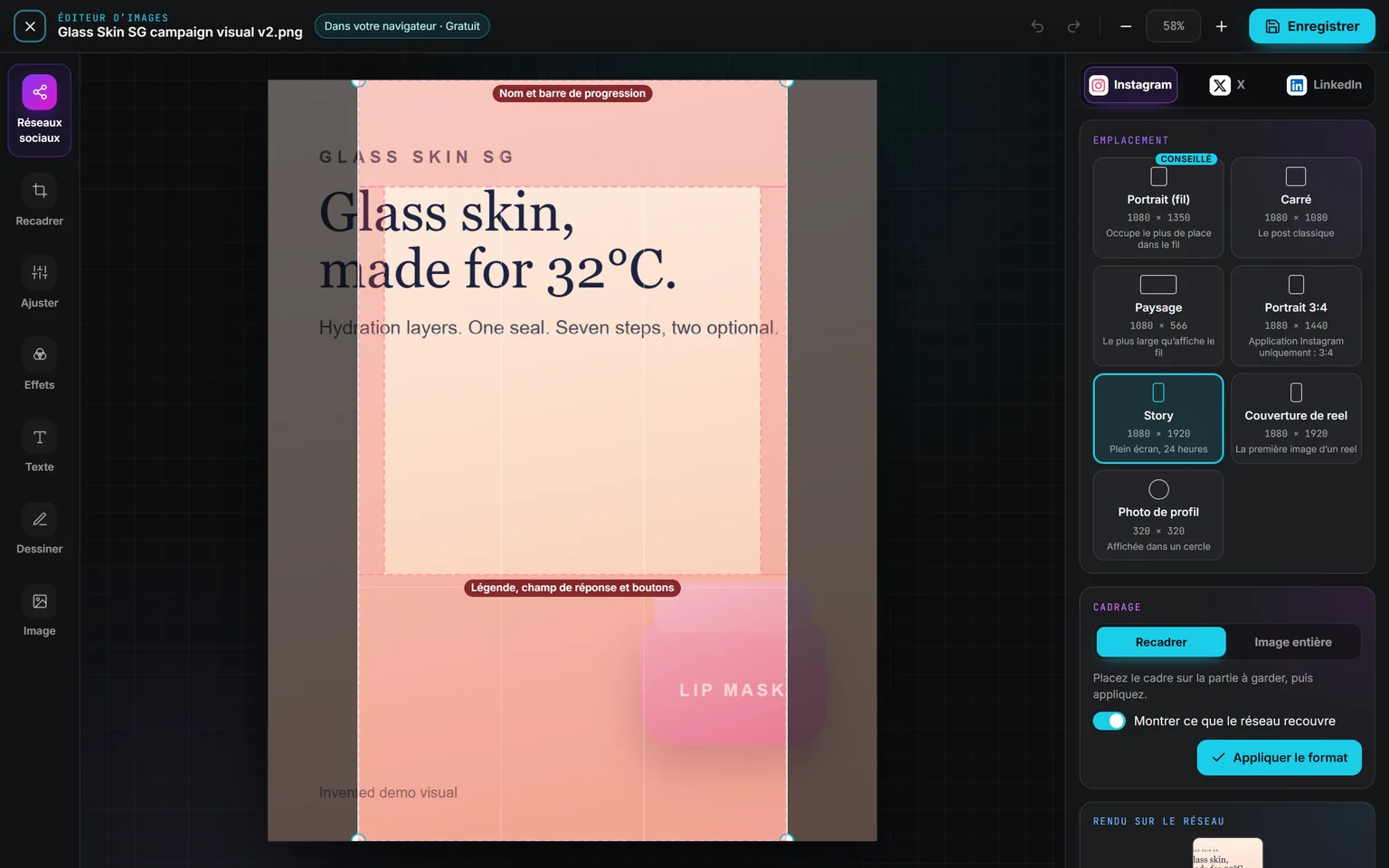 Le panneau Réseaux sociaux de l’Éditeur d’images met un visuel de campagne au format Story Instagram ; en rouge, en haut et en bas, les zones qu’Instagram recouvre