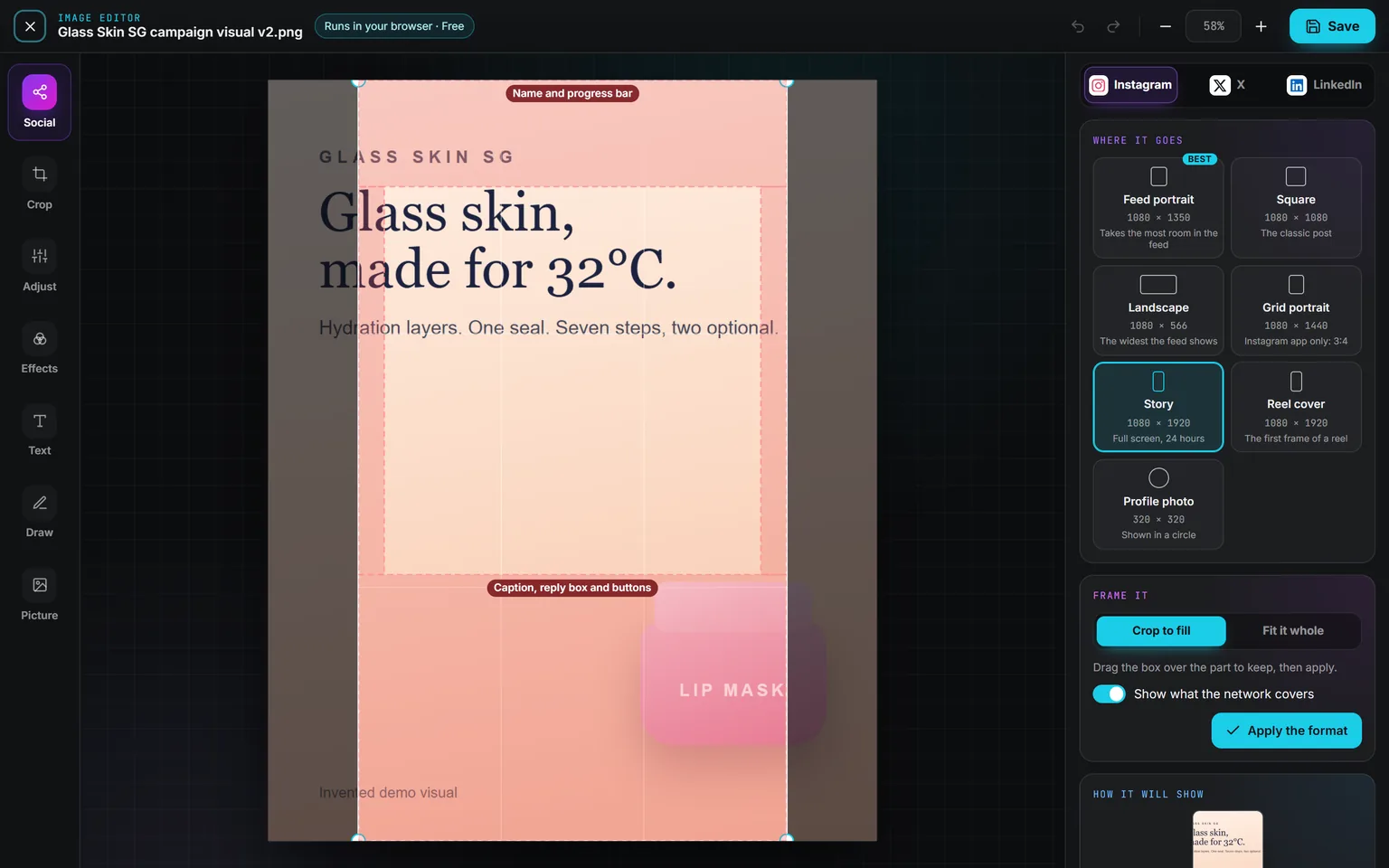 The Social panel of the Image editor framing a campaign visual as an Instagram Story, with the red zones Instagram covers at the top and bottom of the picture