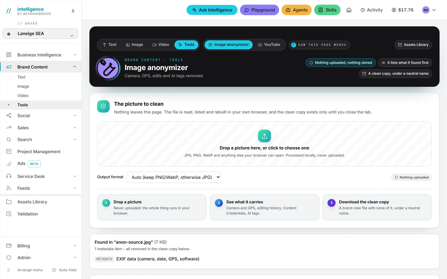 The image anonymizer: drop a file, see the metadata found, download a clean copy