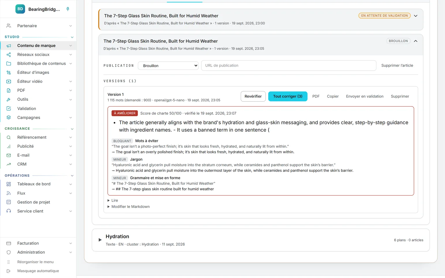 Un article rédigé à partir d’un plan validé, avec un score de conformité aux consignes de 50 sur 100, les problèmes bloquants et mineurs relevés, et Tout corriger à côté de Revérifier, PDF, Copier et Envoyer en validation