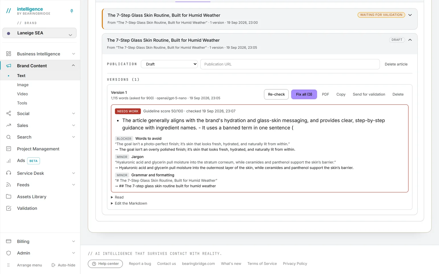 The article workspace with a brief card and its stages: Brief, Outlines, Articles, Versions