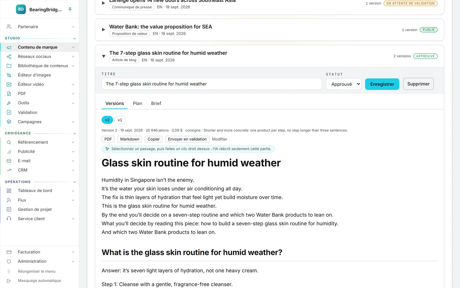 Un article de blog en deuxième version, approuvé, avec son nombre de jetons et son prix, l’export PDF et Markdown et le bouton Envoyer en validation, au-dessus de la liste de tous les textes rédigés pour la marque