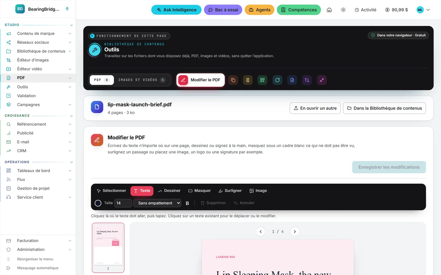 Le bandeau Outils de la Bibliothèque de contenus, ouvert sur le dossier PDF, avec Modifier le PDF appliqué à un brief de lancement de quatre pages : la fiche du document, les outils d’édition et la première page