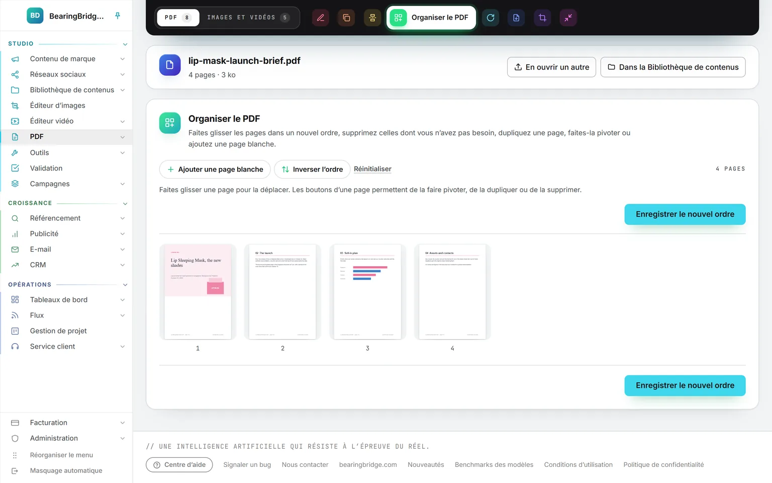 Organiser le PDF avec les quatre pages en vignettes, les boutons Ajouter une page blanche, Inverser l’ordre et Réinitialiser au-dessus, et Enregistrer le nouvel ordre