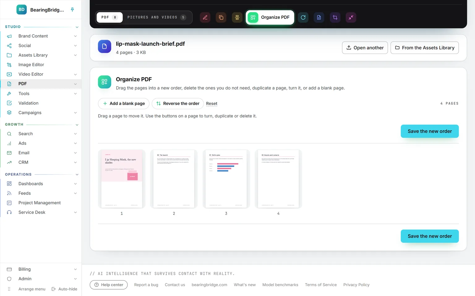 Organize PDF with the four pages as tiles, Add a blank page, Reverse the order and Reset above them, and Save the new order