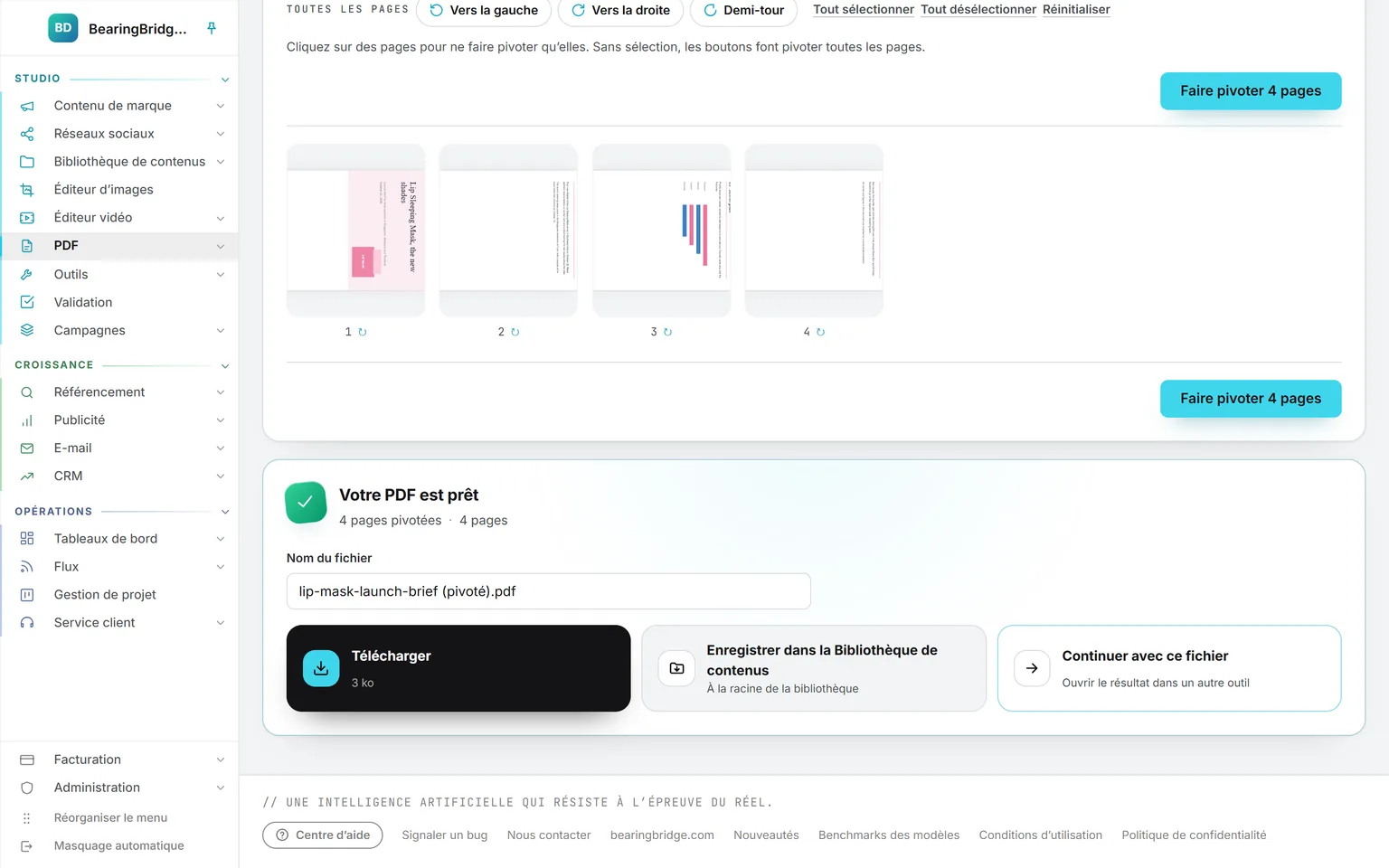 La fiche de résultat d’un brief pivoté : Votre PDF est prêt, quatre pages tournées, le nom du fichier terminé par (rotated), et Télécharger, Enregistrer dans la Bibliothèque de contenus et Continuer avec ce fichier