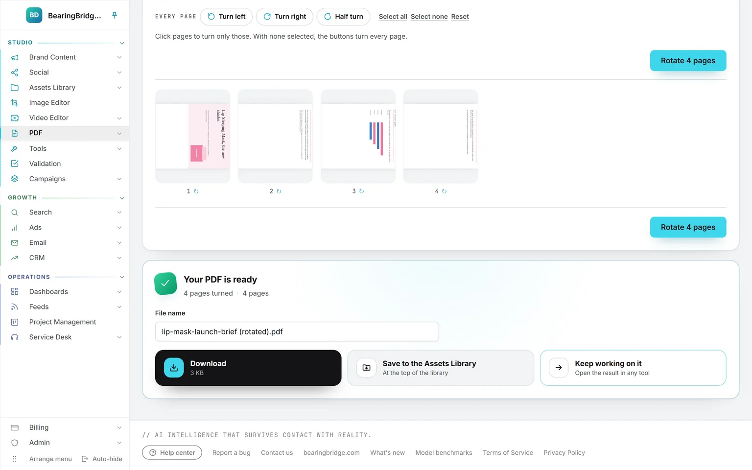 The result card of a rotated brief, Your PDF is ready with four pages turned, the file name ending in (rotated), and Download, Save to the Assets Library and Keep working on it