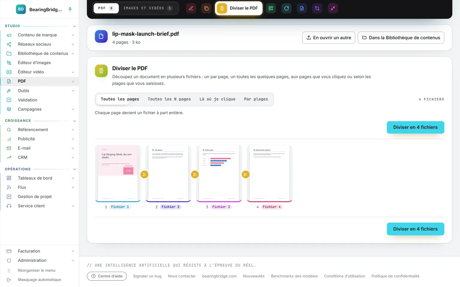 Diviser le PDF réglé sur Toutes les pages, appliqué au brief de quatre pages : sous chaque page, le fichier qui la recevra, une paire de ciseaux entre les pages, et le bouton Diviser en 4 fichiers