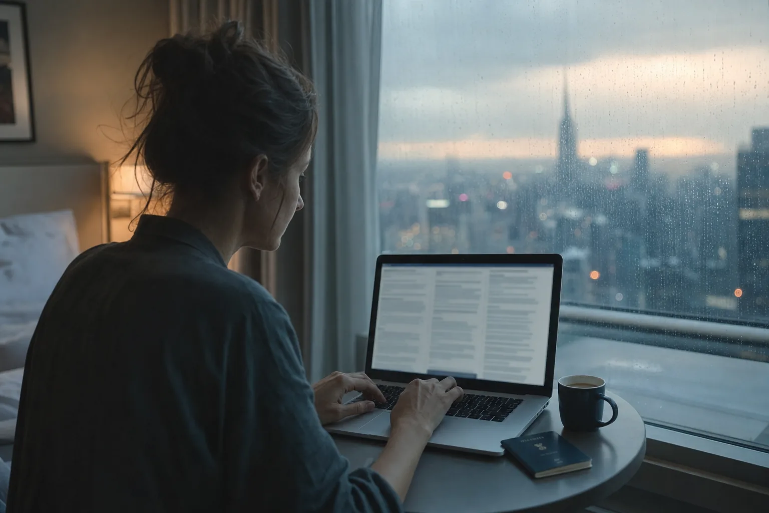A woman works on a laptop at a hotel window at dusk, three columns of text on the screen, a passport beside the cup