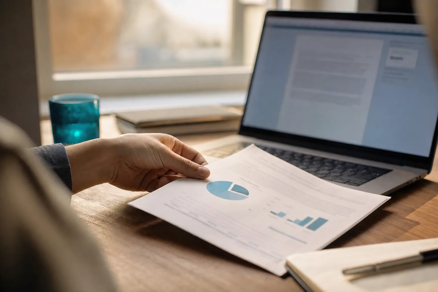 A hand slides a printed report with a pie chart toward a laptop where a document is being drafted